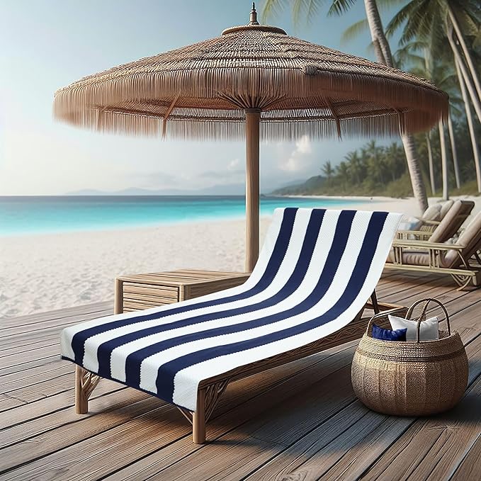 COTTON CRAFT Beach Lounge Chair Cover – 2 Pack Euro Spa Waffle Terry Towel Cabana Stripe Pool Chair Cover - 100% Cotton - 450 GSM Absorbent Quick Dry - Oversized 32 W x 82 L x 7 inch Pocket - Navy