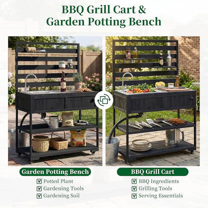 Patio Rolling Kitchen Island with Sink, 41.7 Inch Outdoor BBQ Cart | Solid fir wood frame, stainless steel top and sink, patio BBQ prep, 4 lockable wheels, 2 movable shelves, 41.7 x 16.6 x 65 in