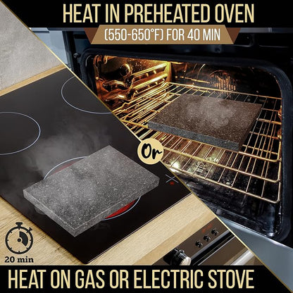 Nutrichef Cooking Stone Grill Set - Hot Lava Rock Sizzling Plate for Steak BBQ & Meat Grilling with Stainless Steel Knives, Cooks and Retains Heat & Flavor, Heated Tray for Serving Food