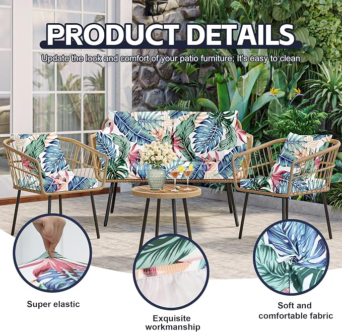 8Pcs Patio Cushion Covers, Outdoor Stretch Cushion Covers, Washable | Stretch Fit, Replacement, Washable and Reusable Furniture Protectors, Fits most patio furniture cushion covers, Cover Only