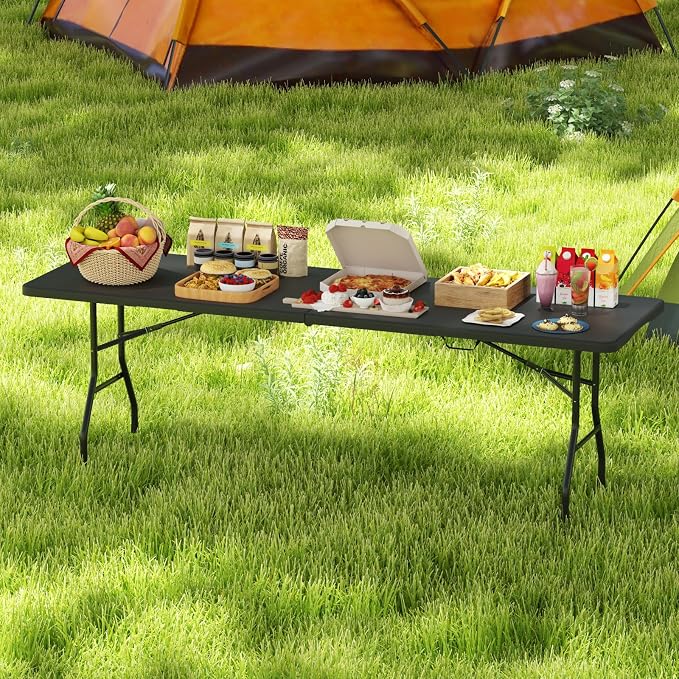 Tangkula 8 FT Folding Table, Indoor Outdoor Foldable Plastic Table | HDPE Tabletop, Sturdy Metal Fame, Carrying Handle, Heavy Duty, Portable ,Fold-in-Half, for Picnic, Camping, BBQ, Party