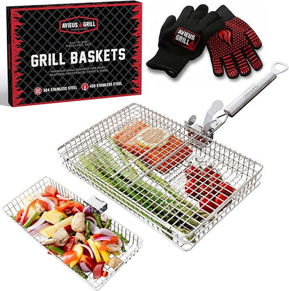 AVIEUS GRILL Grill Baskets for Outdoor Grill | 2 Grilling Baskets with Detachable Handle | Barbecue Grill Set with BBQ Gloves | Portable Camping Net Rack Perfect for Vegetables, Seafood & Meat