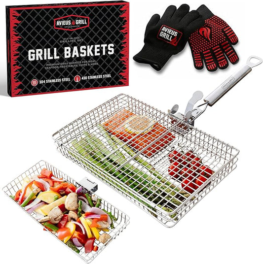 AVIEUS GRILL Grill Baskets for Outdoor Grill | 2 Grilling Baskets with Detachable Handle | Barbecue Grill Set with BBQ Gloves | Portable Camping Net Rack Perfect for Vegetables, Seafood & Meat