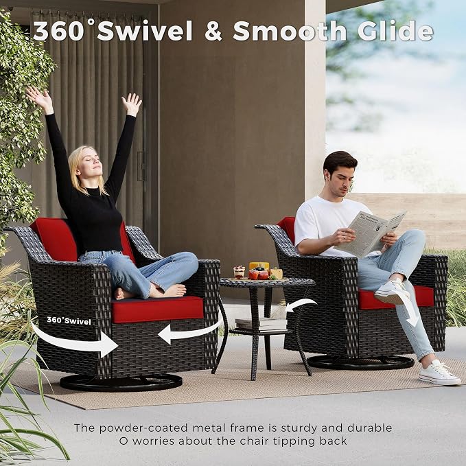 3 Pieces Patio Conversation Furniture Set - 2 Swivel Chairs, 1 Side Table, Outdoor Wicker Rocking Glider Armchairs with Washable and Water-Resistant Cushions for Porch, Balcony (Red)