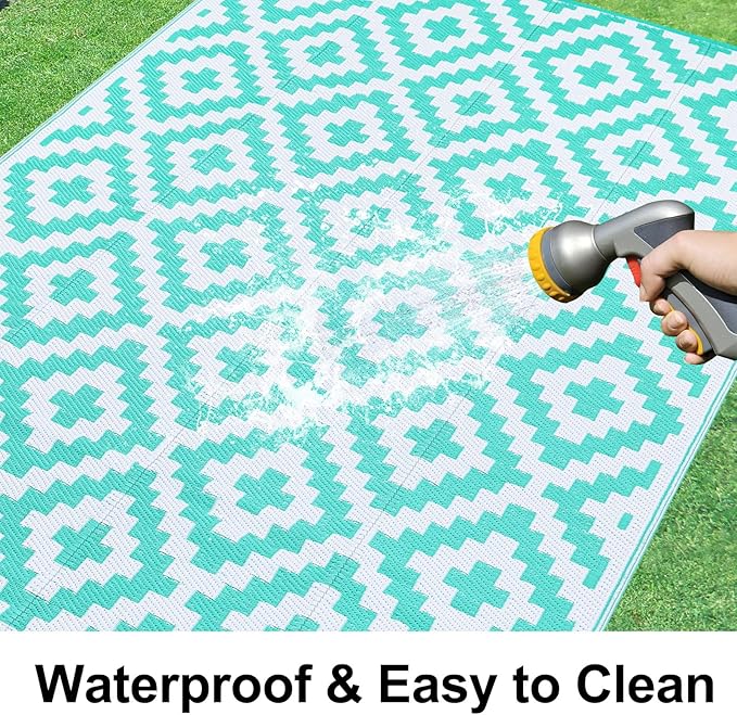 Smiry Outdoor Rug 9x18 ft Waterproof Reversible Boho Mat, White & Teal | Polypropylene Plastic Straw, Quick Drying, Lightweight Foldable, for Patio, Deck, RV Camping, Backyard and Indoor Outdoor Use
