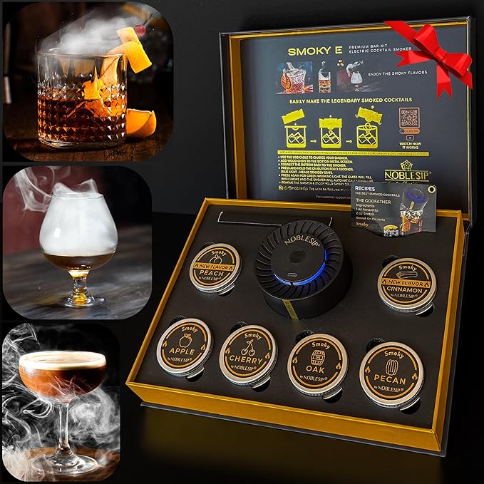 NOBLESIP® New Whiskey Smoker 𝗣𝗥𝗘𝗠𝗜𝗨𝗠 Electric Kit. Innovative Automatic Smoking, no Torch Needed. Easily Make Aromatic Smoked Cocktails, Bourbon, Old Fashioned. Smoky E