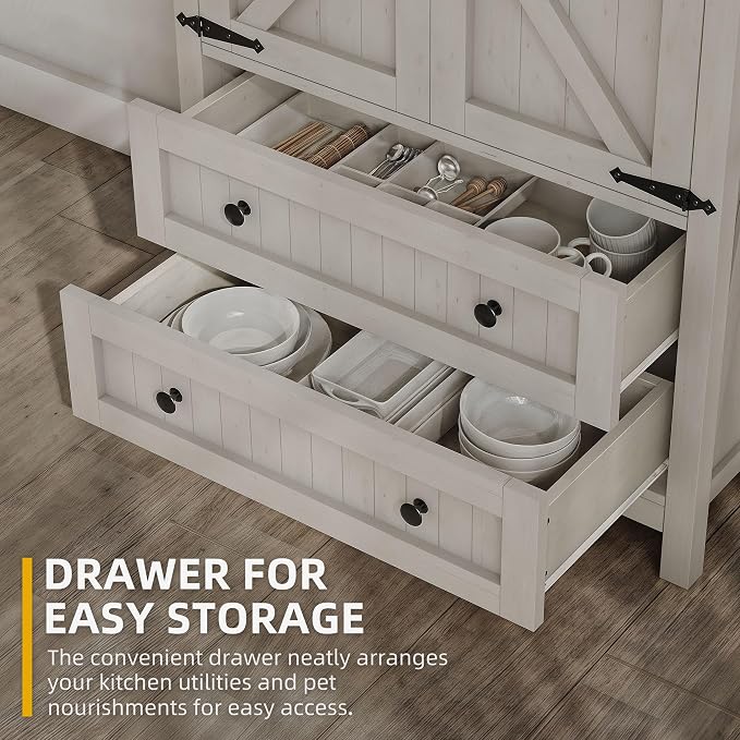 DWVO 64.5" Pantry Cabinet with Barn Doors, 2 Drawers & Shelves, Off White | Farmhouse Storage Cupboard for Dining Room, Living Room, and Bathroom