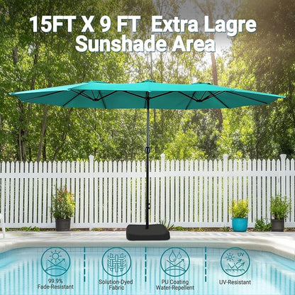 15ft Patio Umbrella with Base, 10-Year-No-Fade Large Outdoor Double-Sided Market Umbrella with UPF50+Terylene Polyester Fabric and Crank for Poolside Garden Deck Backyard Beach Pools