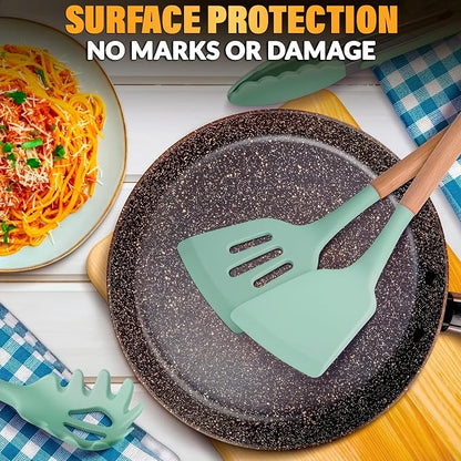 12Pcs Mint Green Kitchen Accessories with Holder for Nonstick Pans | Silicone Cooking Utensils Set for BBQ; Heat-Resistant Tools with Wooden Handles for Baking, Serving, Frying, and Mixing