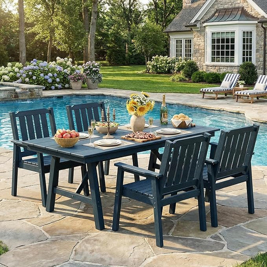 Garvee Outdoor Patio Dining Table Set for 4, 5 Piece Outdoor HDPE Dining Furniture Tables Set with Umbrella Hole, Aluminum Frame, All-Weather Garden Table and 6 Chairs for Backyard Poolside, Navy Blue