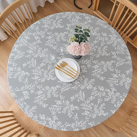 LIBERECOO Round Fitted Tablecloth with Elastic, Flannel Backed Vinyl Tablecloths for 40" - 44" Tables, Waterproof Wipeable Reusable Plastic Table Cloth for Indoor & Outdoor, Urban Fog