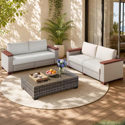 PaPaJet 4-Piece Wicker Patio Furniture Set with Solid Wood Armrest, Outdoor Patio Set with Thick Legs, UV-Resistant Modular Outdoor Sectional Sofa for Backyard, Porch, Garden