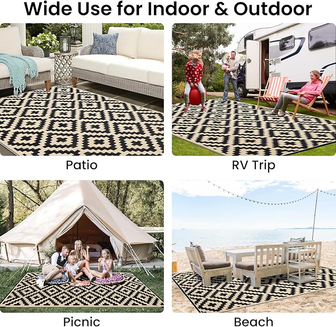Smiry Outdoor Rug 9x12 ft Waterproof Reversible Boho Mat, Black & Beige | Polypropylene Plastic Straw, Quick Drying, Lightweight Foldable, for Patio, Deck, RV Camping, Backyard and Indoor Outdoor Use