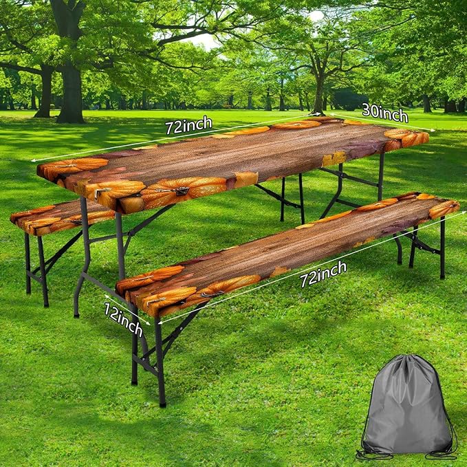 Picnic Table Cover with Bench Covers Elastic Edges, Outdoor Patio Camping Essentials 96 Inch 3PCS, Camper Fitted Table Cover, Waterproof Rectangle Tablecloth with Drawstring Bag,Pumpkin