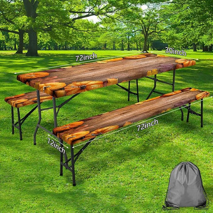 Picnic Table Cover with Bench Covers Elastic Edges, Outdoor Patio Camping Essentials 96 Inch 3PCS, Camper Fitted Table Cover, Waterproof Rectangle Tablecloth with Drawstring Bag,Pumpkin