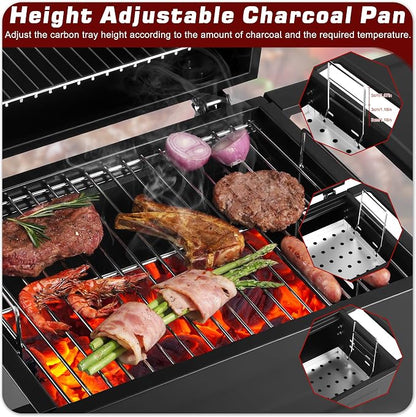 Small Charcoal Grill, 200.82 Sq. In. Outdoor BBQ Grill | Compact design, 3-level adjustable charcoal pan, thermometer, two side tables, warming rack, wheels and removable ash tray