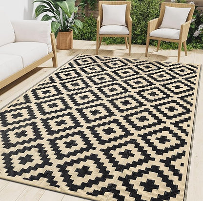 Smiry Outdoor Rug 9x12 ft Waterproof Reversible Boho Mat, Black & Beige | Polypropylene Plastic Straw, Quick Drying, Lightweight Foldable, for Patio, Deck, RV Camping, Backyard and Indoor Outdoor Use