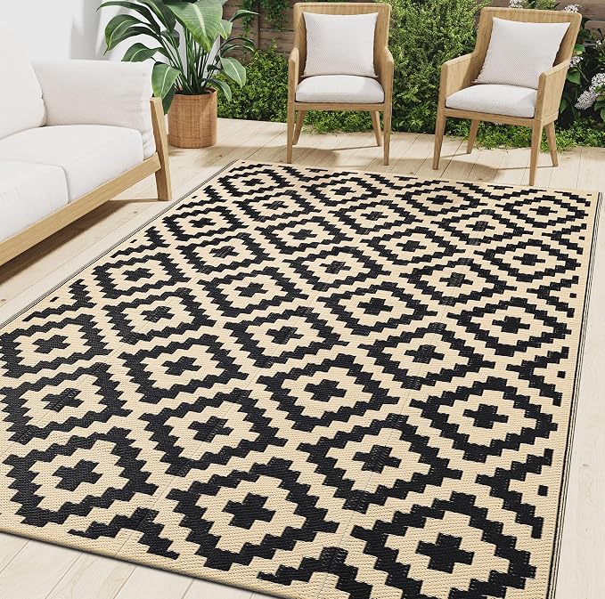 Smiry Outdoor Rug 8x10 ft Waterproof Reversible Boho Mat, Black & Beige | Polypropylene Plastic Straw, Quick Drying, Lightweight Foldable, for Patio, Deck, RV Camping, Backyard and Indoor Outdoor Use