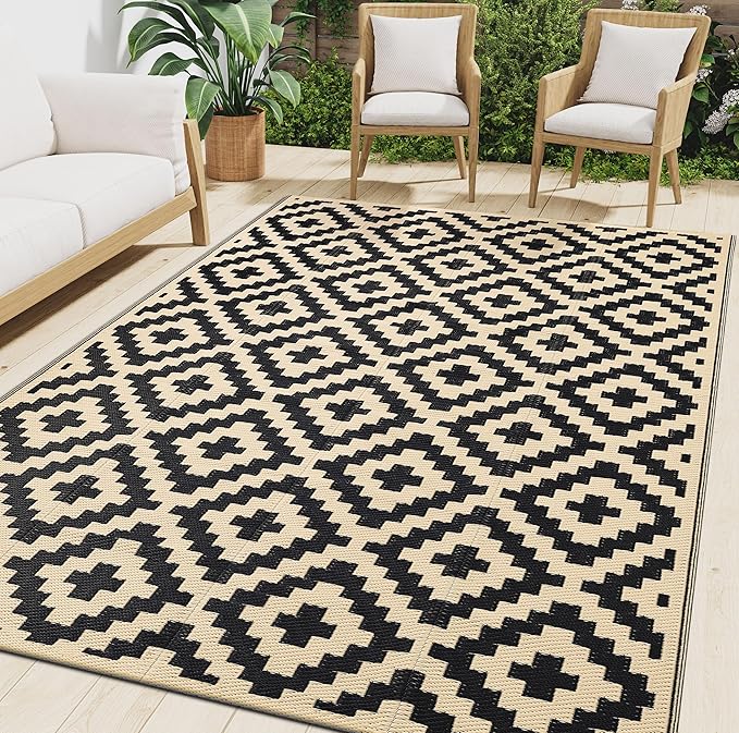 Smiry Outdoor Rug 5x8 ft Waterproof Reversible Boho Mat, Black & Beige | Polypropylene Plastic Straw, Quick Drying, Lightweight Foldable, for Patio, Deck, RV Camping, Backyard and Indoor Outdoor Use