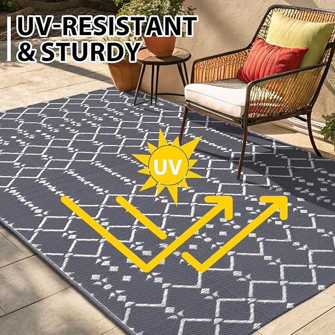 Smiry Outdoor Rug 6x9 ft Waterproof Reversible Boho Mat, Grey | Polypropylene Plastic Straw, Quick Drying, Lightweight Foldable, for Patio, Deck, RV Camping, Backyard and Indoor Outdoor Use