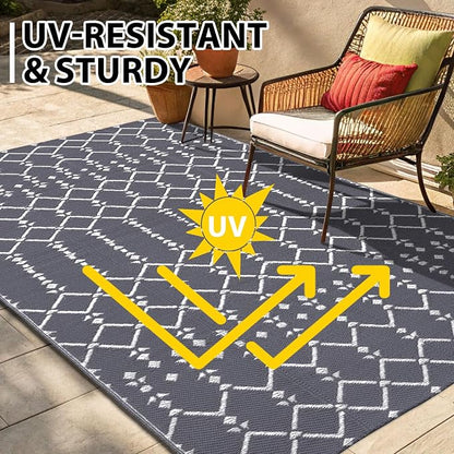 Smiry Outdoor Rug 6x9 ft Waterproof Reversible Boho Mat, Grey | Polypropylene Plastic Straw, Quick Drying, Lightweight Foldable, for Patio, Deck, RV Camping, Backyard and Indoor Outdoor Use