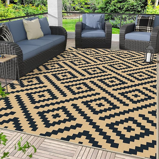 GENIMO Outdoor Rug, Waterproof Plastic Rugs for Patio, 6'x9' Black Sand | Outside Larger Modern Carpet Mat for Porch Decor, Deck, Balcony, Camping, RV, Backyard, Picnic, Beach, Reversible, Foldable