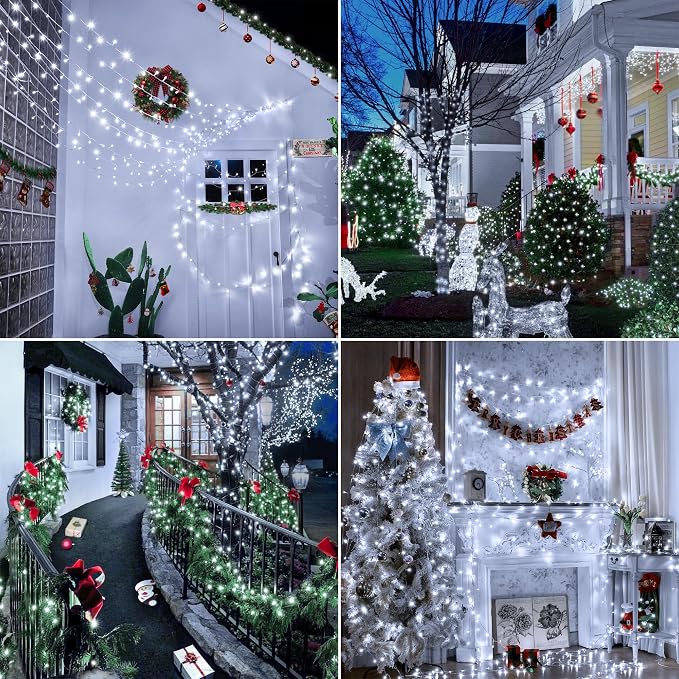 196FT 600 LED Christmas Lights Outdoor Waterproof, Timer & Memory Function, 8 Modes Cool White String Lights Plug in Twinkle Lights for Xmas Tree Holiday Garden Indoor Party Decor