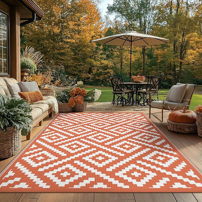GENIMO Outdoor Rug, Waterproof Plastic Rugs for Patio, 6'x9' Orange White | Outside Larger Modern Carpet Mat for Porch Decor, Deck, Balcony, Camping, RV, Backyard, Picnic, Beach, Reversible, Foldable