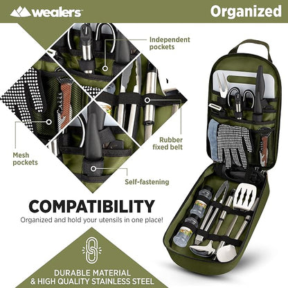Wealers Camp Kitchen Cooking Utensil Set Travel Organizer Grill Accessories Portable Compact Gear for Backpacking BBQ Camping Hiking Travel Cookware Kit Water Resistant Case