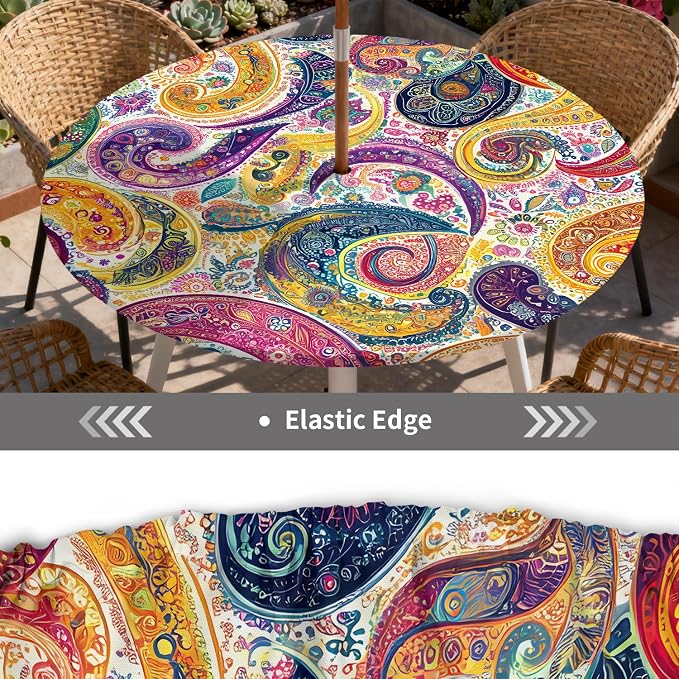Outdoor Tablecloth with Umbrella Hole and Zipper Fits 61-65" Tables | Waterproof Round Fitted Tablecloth with Elastic Edge, Wipeable Outdoor Table Cover for Patio, Garden, Picnic