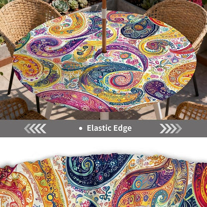 Outdoor Tablecloth with Umbrella Hole and Zipper Fits 61-65" Tables | Waterproof Round Fitted Tablecloth with Elastic Edge, Wipeable Outdoor Table Cover for Patio, Garden, Picnic