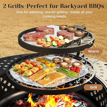 Outdoor Fire Pit, 43" Fire Pit for Outside Wood Burning with Adjustable 2 Grills, Firepit with Lid and Fire Poker, BBQ, Bonfire, Round Outdoor Fireplace 3 in 1 for Patio, Backyard, Garden, Camping