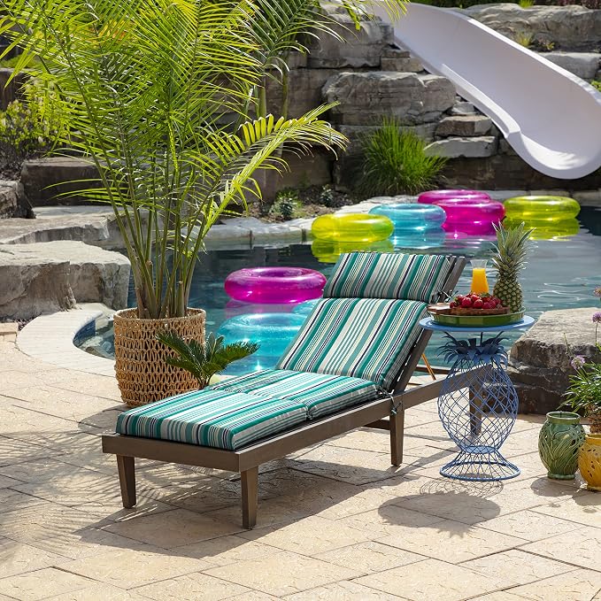 Arden Outdoor Chaise Cushion, 21 in x 72 in, Weather-Proof, Rain-Proof, Fade Resistant Patio Cushion for Chaise Lounger Teal Cobalt Stripe | Lounge Cushion, Weather-Proof, Rain-Proof, Fade Resistant for Chaise Lounger, Mold and Mildew Resistant