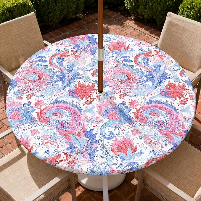 Outdoor Tablecloth with Umbrella Hole and Zipper Fits 32-36" Tables | Waterproof Round Fitted Tablecloth with Elastic Edge, Wipeable Outdoor Table Cover for Patio, Garden, Picnic