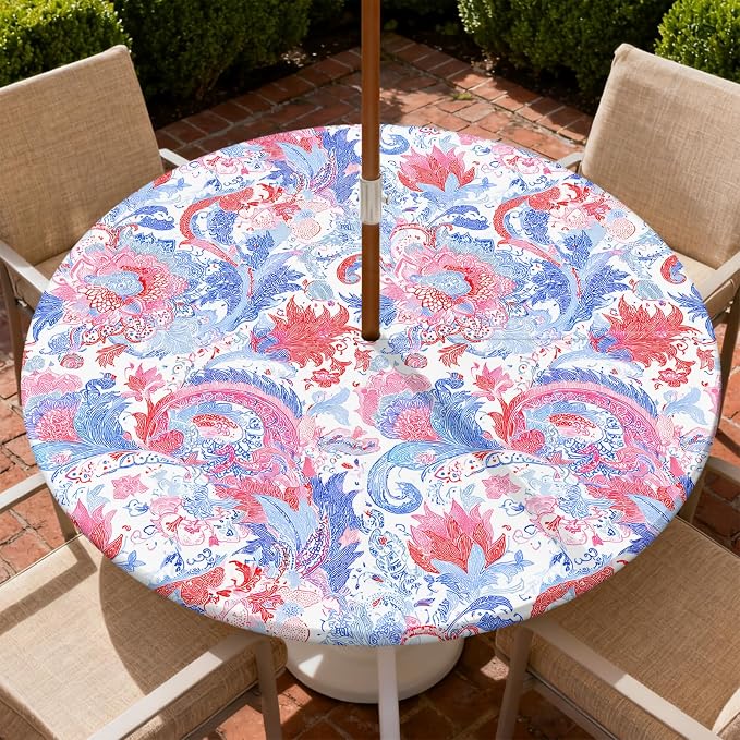 Outdoor Tablecloth with Umbrella Hole and Zipper Fits 45-48" Tables | Waterproof Round Fitted Tablecloth with Elastic Edge, Wipeable Outdoor Table Cover for Patio, Garden, Picnic