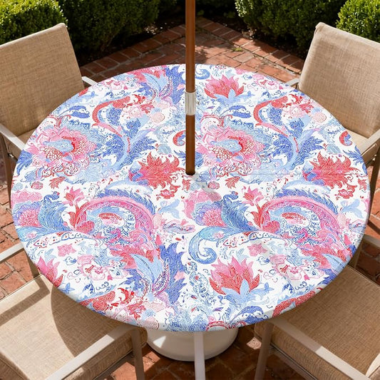 Outdoor Tablecloth with Umbrella Hole and Zipper Fits 49-52" Tables | Waterproof Round Fitted Tablecloth with Elastic Edge, Wipeable Outdoor Table Cover for Patio, Garden, Picnic