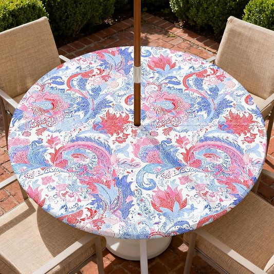 Outdoor Tablecloth with Umbrella Hole and Zipper Fits 37-44" Tables | Waterproof Round Fitted Tablecloth with Elastic Edge, Wipeable Outdoor Table Cover for Patio, Garden, Picnic