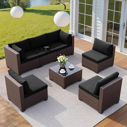 Qsun 7 Pieces Outdoor Patio Furniture Set, All-Weather PE Rattan Outdoor Patio sectional Furniture with Cushions and Glass Table, for Garden, Backyard, Porch, Black