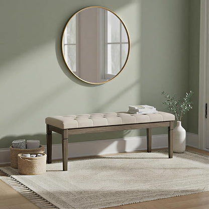 SIMPLIHOME Waverly Tufted Ottoman Bench - 48 inch Wide Upholstered Linen Look Fabric Rectangle Footstool Ottoman in Wheat Beige, Traditional Bench for Entryway or Living Room with Carved Legs