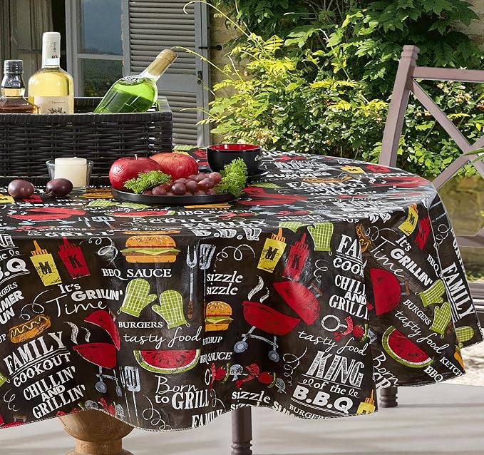 Newbridge Grill King Barbecue Print Vinyl Flannel Backed Tablecloth, Novelty Grilling Design Waterproof Patio, BBQ, Picnic, Indoor Outdoor Tablecloth, 60 Inch x 84 Inch Oval