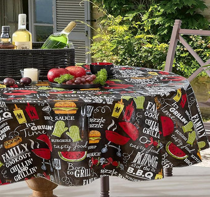 Newbridge Grill King Barbecue Print Vinyl Flannel Backed Tablecloth, Novelty Grilling Design Waterproof Patio, BBQ, Picnic, Indoor Outdoor Tablecloth, 60 Inch x 84 Inch Oval