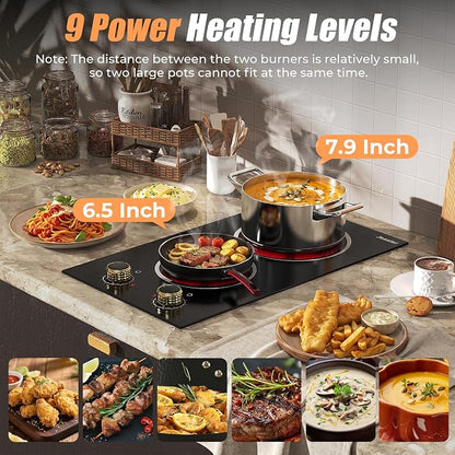 2 Burner Electric Cooktop 110V 2000W Countertop or Built-in | 12 Inch Plug in Two Burner Electric Stove 120V Portable, Knob Control, 9 Power Levels and Overheat Protection, Golden Knob