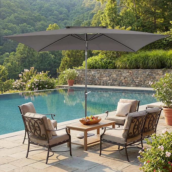 6.6 x 10 ft Rectangular Patio Umbrella, Outdoor Market Table Umbrella with Push Button Tilt and Crank, Double-Tier Vent, 6 Ribs, Rectangle Patio Umbrella for Backyard, Deck, Pool, Fits 4–6 Chairs and Tables (Grey)