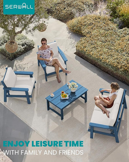 SERWALL HDPE Outdoor Furniture Set, 7 Piece All Weather Wood-Like Outdoor Sofa Sectional Couch, Blue Patio Furniture Set with Khaki Cushions