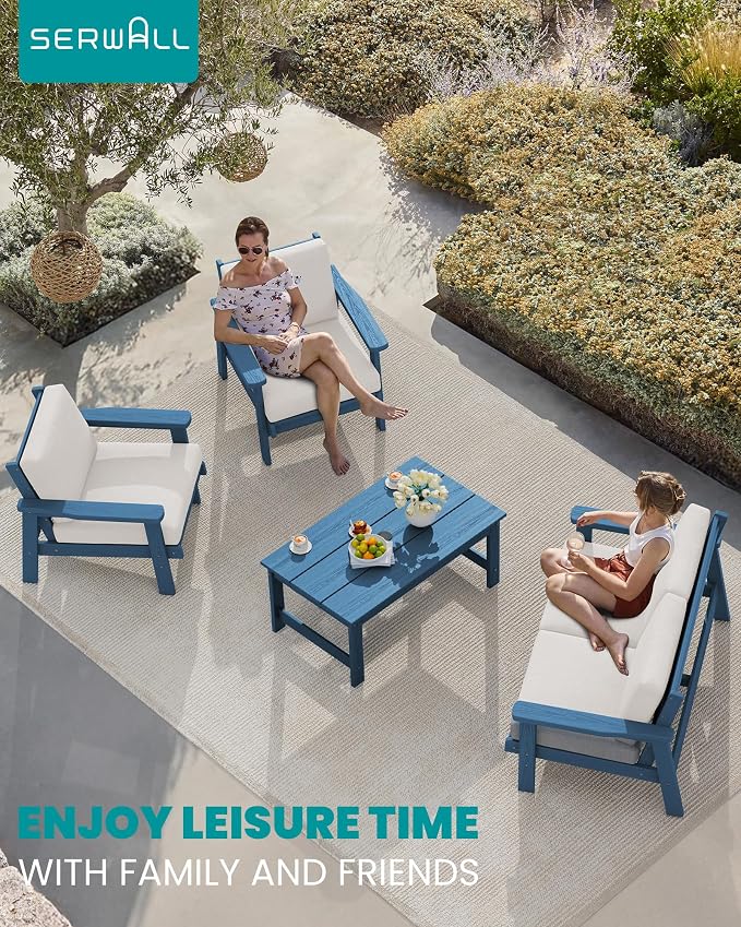 SERWALL Outdoor Loveseat, Blue Frame and Khaki Cushion