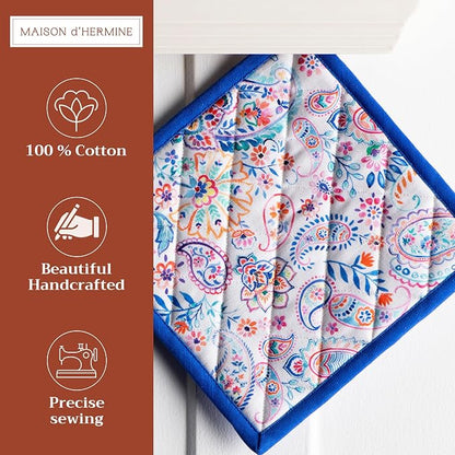 Maison d' Hermine Pot Holders 100% Cotton Potholders (8" x 8", Pack of 1) | Heat Resistant Hot Pads with Loop BBQ Cooking Baking Farmhouse Kitchen Handling Hot Pans Spring Summer - Indian Floral