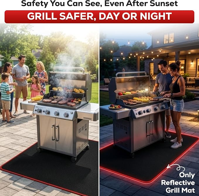 Fireproof Grill Mat for Outdoor Grill, 65*48” with Smart Reflective Border | BBQ Mat for Under Grill Made with Premium Silicon Fiberglass, Oil & Waterproof, Catches Greases & Protect Patio, Deck & Lawn