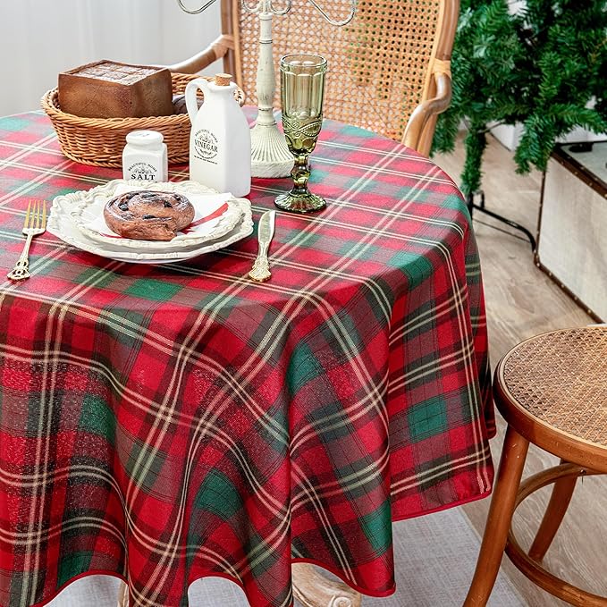 Plaid Tablecloth for Christmas, Checkered Style Table Cloth Holiday Family Gathering Rectangle Table Cover - Spillproof & Waterproof - Ideal for Indoor & Outdoor Use, Round 60"