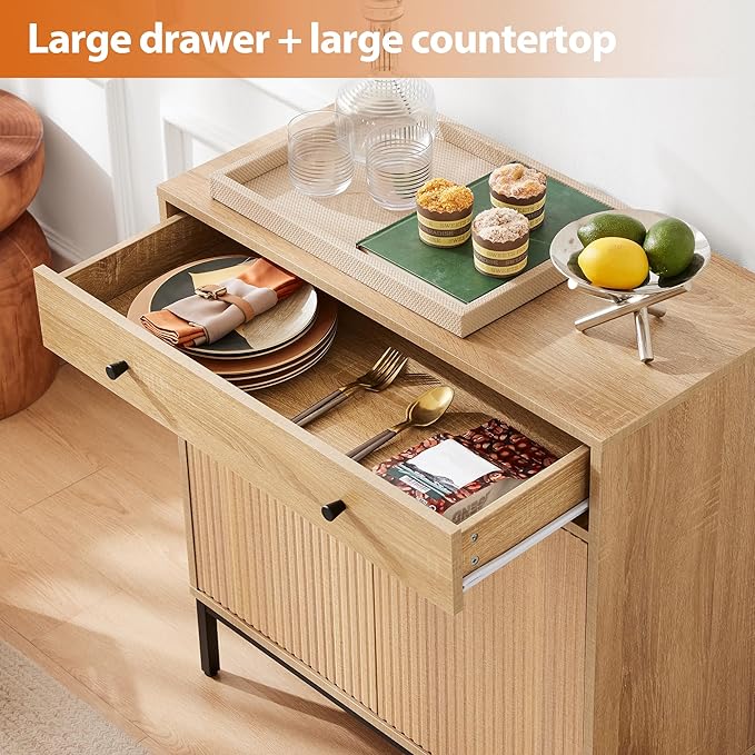 Mericonia Farmhouse Buffet Sideboard Cabinet with Storage, Fluted Coffee Bar with Doors and Adjustable Shelves, Modern Wood Cabinet for Kitchen, Livingroom (Fluted 2 Door, Natural)