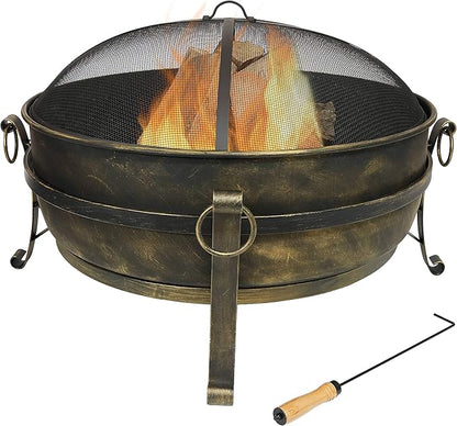 Sunnydaze 34-Inch Steel Large Fire Pit for Outside - Wood-Burning Fire Pit Bowl for Outdoors with Spark Screen, Log Poker, and Grate